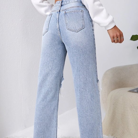 Blue Casual Womens Ripped Raw Cut Straight Leg Jeans - Picture 3 of 5